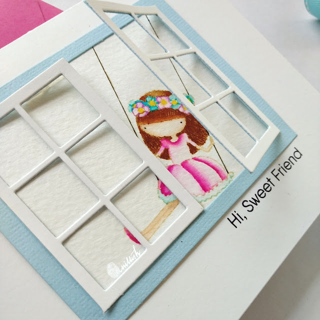 MFT Sweet friends, Girl on swing card, Clean and simple card, No line coloring, Zig markers, Quillish