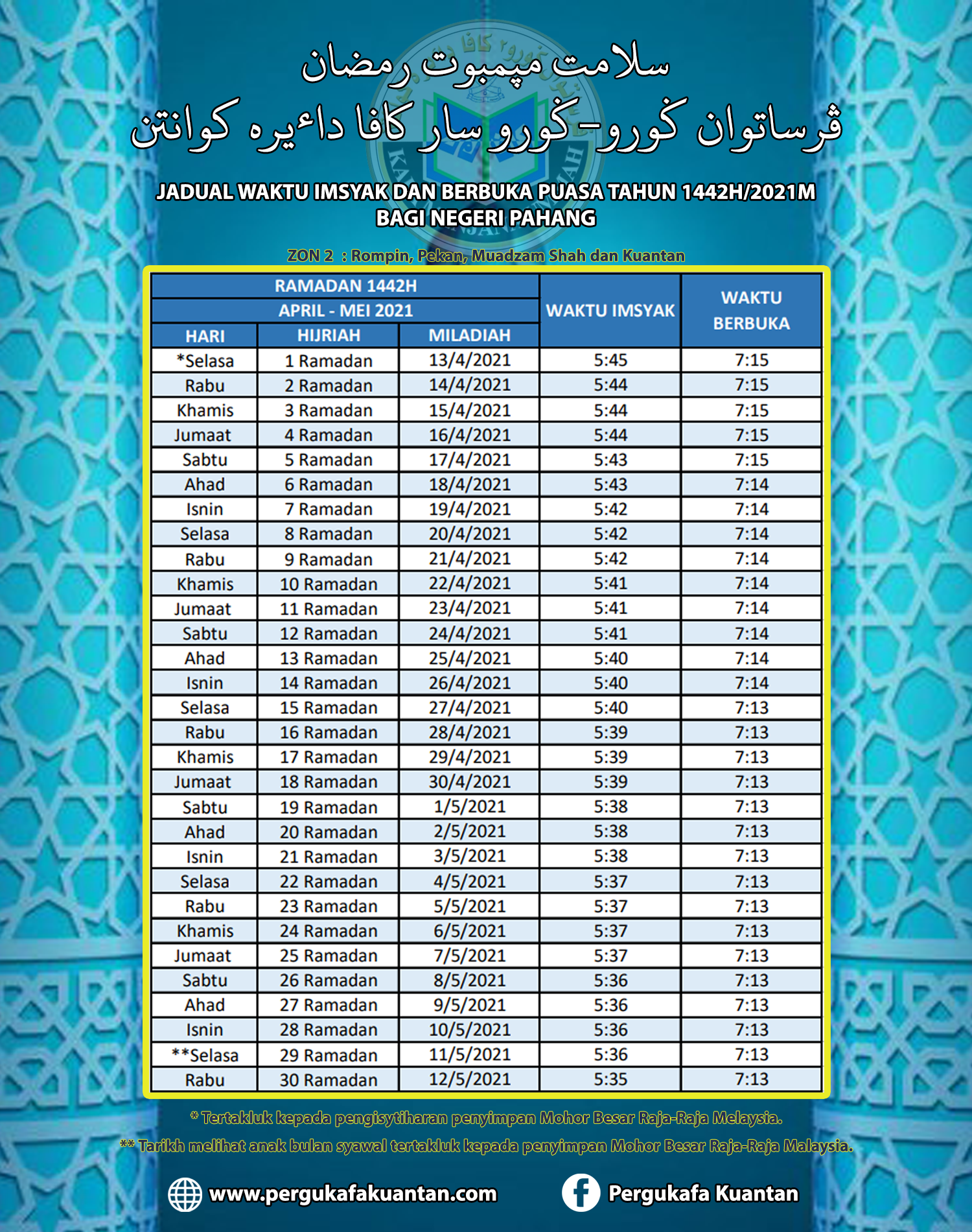 Puasa waktu kuantan buka Jadual Waktu