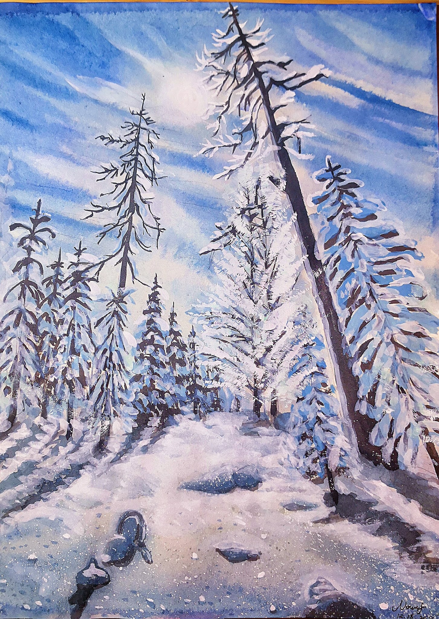 How to draw winter snowing forest landscape tutorial step by step