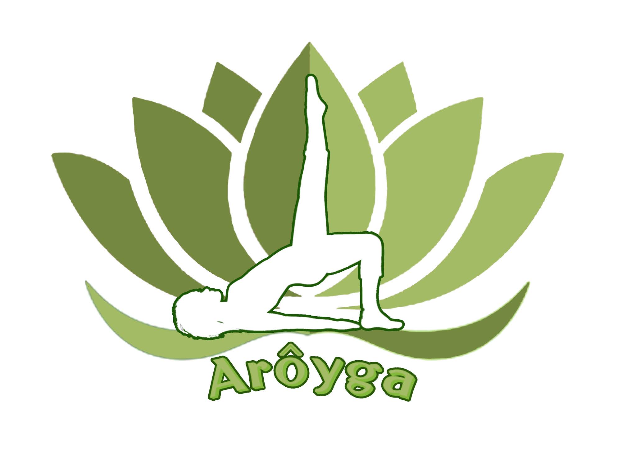 La flor de loto y la posición de Pilates en verde, identifican a ARÔYGA