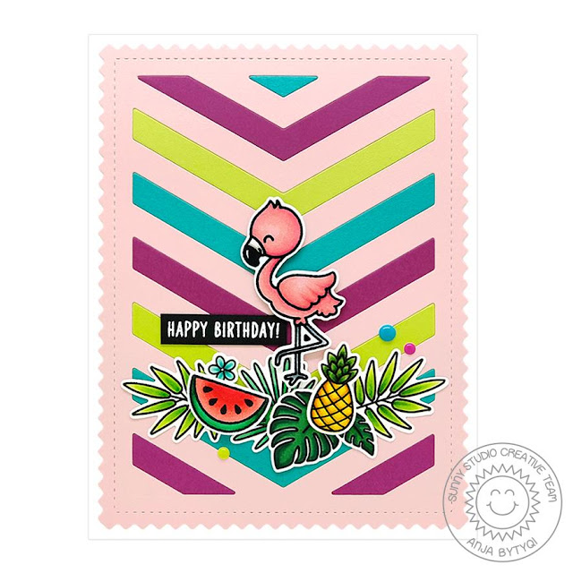Sunny Studio Stamps: Frilly Frames Fabulous Flamingos Fresh & Fruity Tropical Paradise Happy Word Die Summer Themed Cards by Anja Bytyqi and Vanessa Menhorn