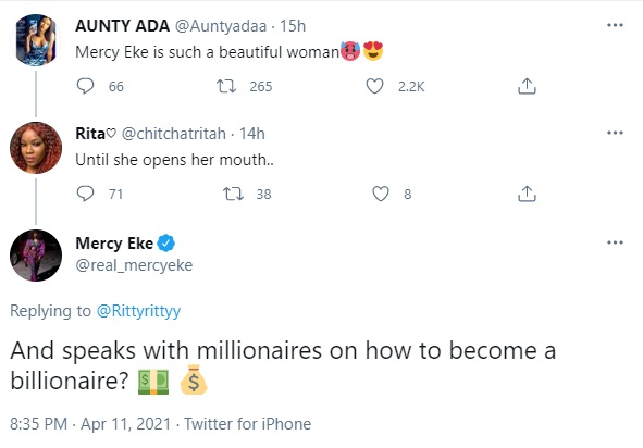 I Speak with Millionaires to become billionaire- Mercy Eke replies to a follower who insulted her of her Igbotic accent