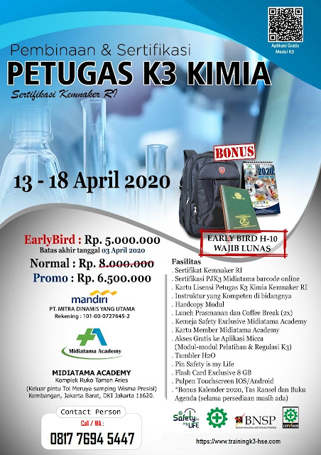 Petugas K3 Kimia murah tgl. 13-18 April 2020 di Jakarta