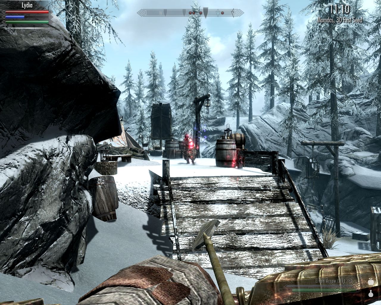 protagonist aims bow at a thalmor who stands on a wooden platform at some distance