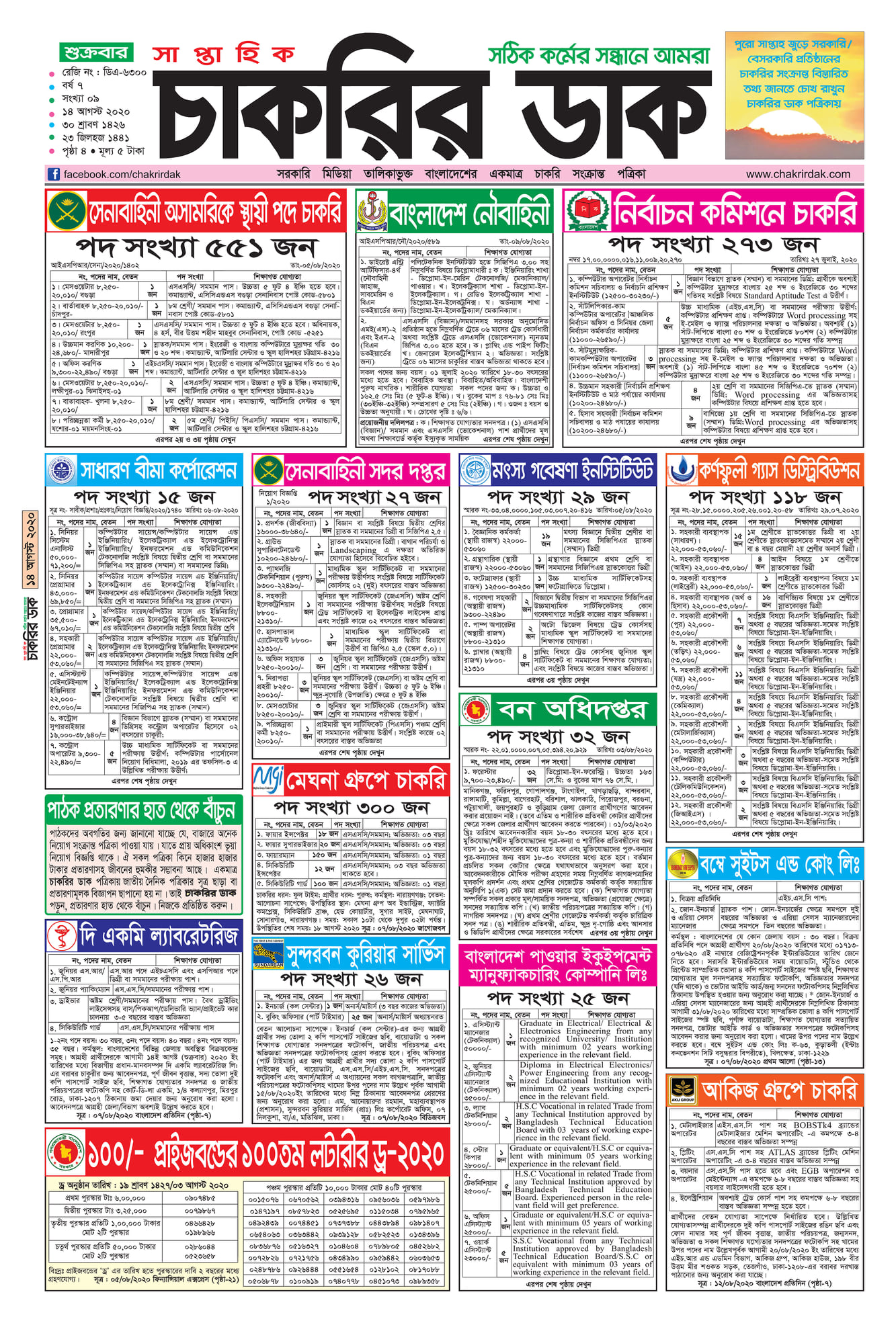 14/08/2020 (চাকরির ডাক) এ সপ্তাহের নতুন চাকুরির খবর 2020, job circular