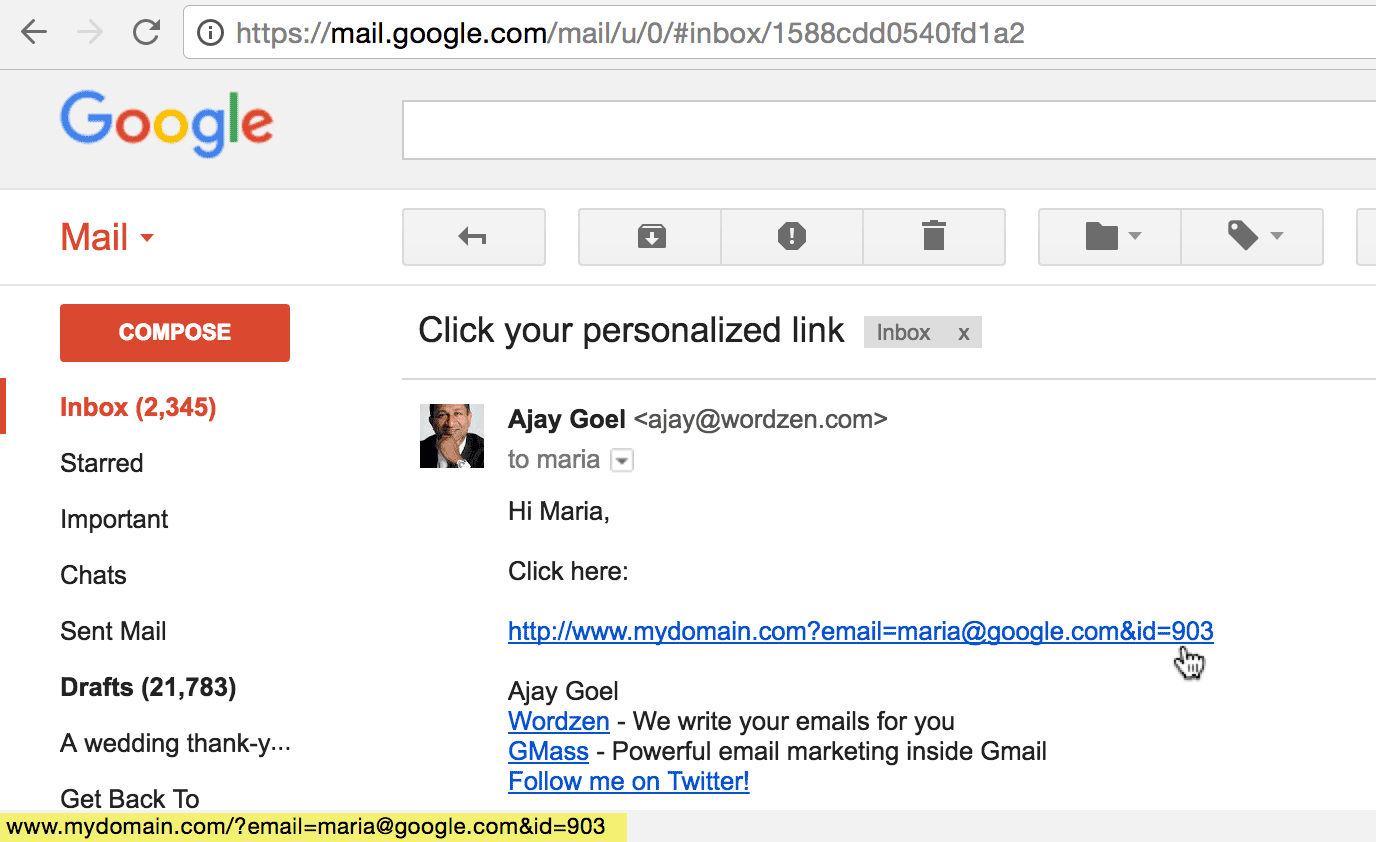 How to include a personalized link in a Gmail email marketing campaign
