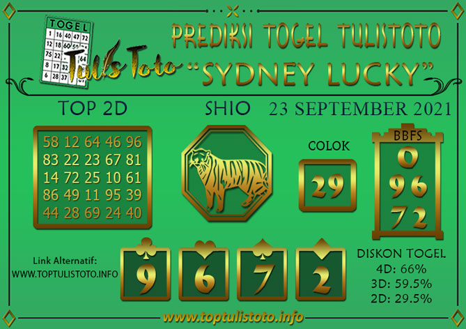 Prediksi Togel SYDNEY LUCKY TODAY TULISTOTO 23 SEPTEMBER 2021