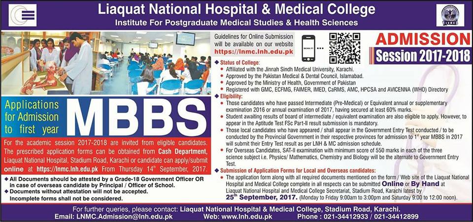 Admissions Open for MBBS in Liaquat National Hospital & Medical College 2017-18