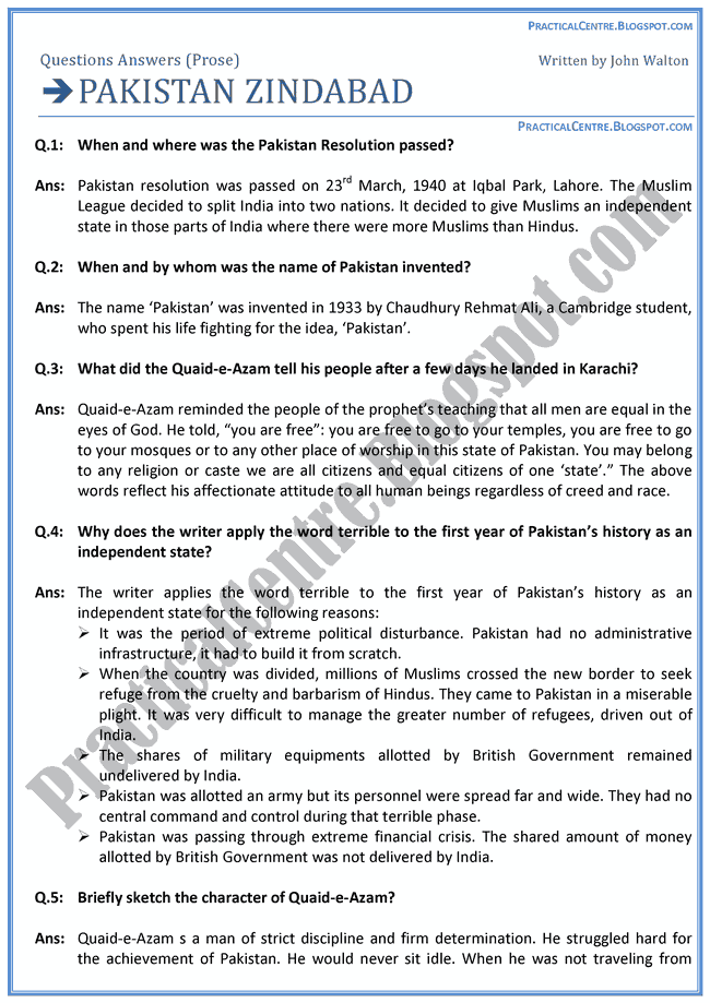 Pakistan-Zindabad-Prose-Questions-Answers-English-XI