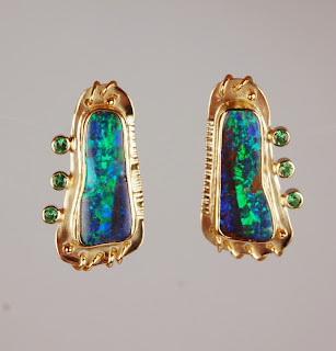 18k gold green boulder opal and green garnet earrings