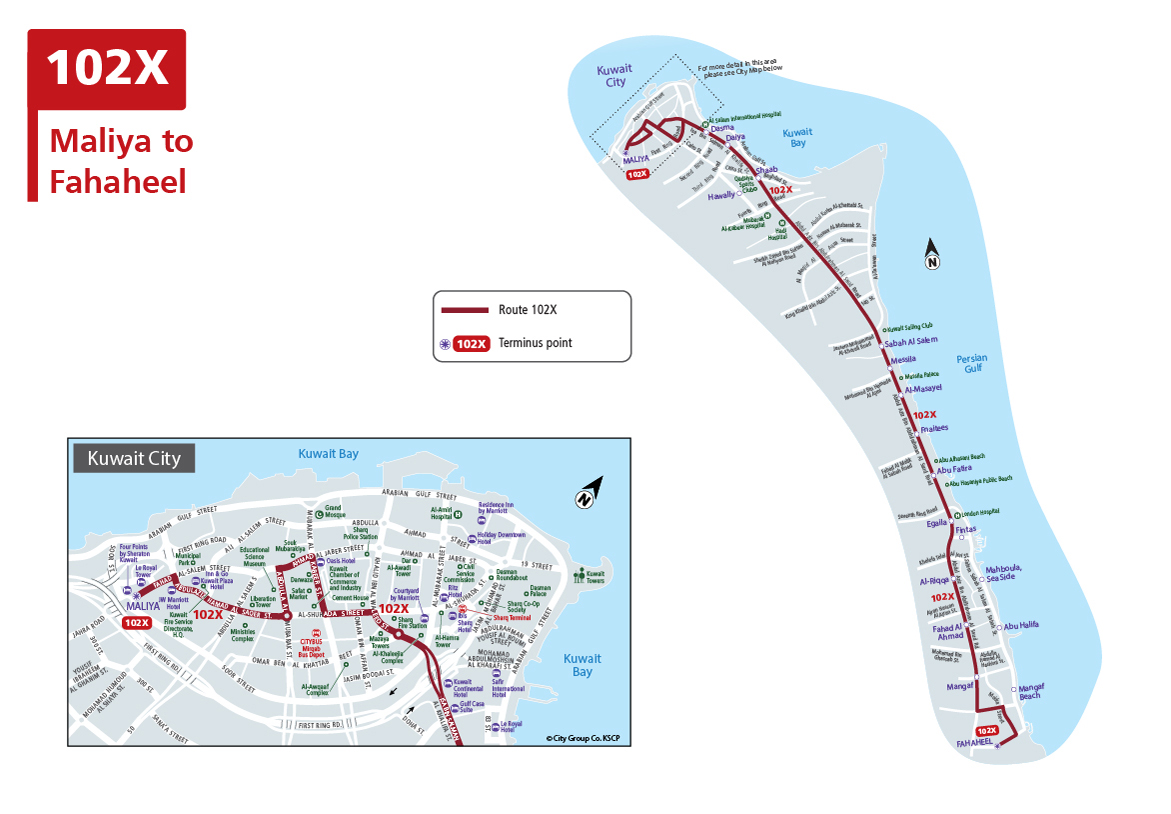 Kuwait bus route 102A and 102X service (Maliya To Fahaheel To Maliya)