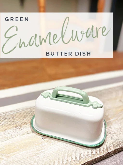 Pinterest pin with overlay of enamelware butter dish