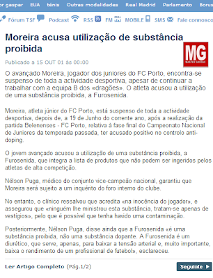 Moreira, atleta júnior do FC Porto, está suspenso de toda a actividade desportiva, depois ter acusado positivo no controlo anti-doping.