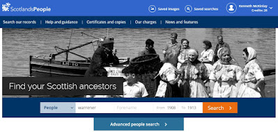 Screen capture from ScotlandsPeople of the Warrener 1908-1913 search query.