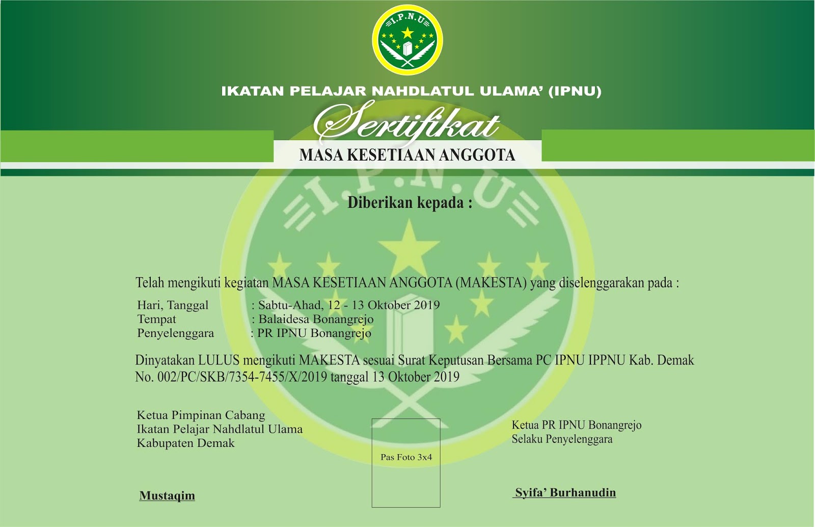 PC IPNU DEMAK DATA PESERTA MAKESTA PR BONANGREJO 2019