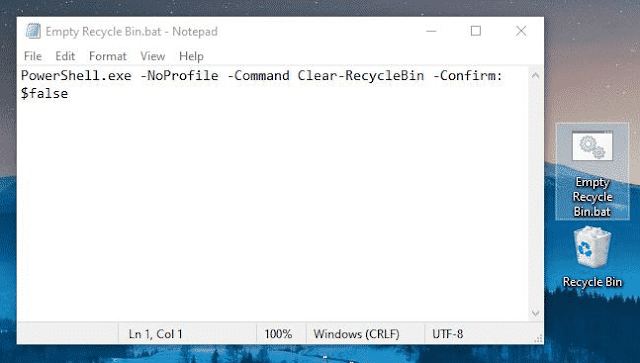 PowerShell.exe -NoProfile -Command Clear-RecycleBin -Confirm:$falseṣ