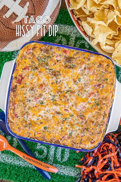 Taco Hissy Fit Dip Recipe - You will definitely throw a hissy fit if you miss out on this dip! Crazy good! Ground beef, taco seasoning, Rotel diced tomatoes and green chiles, sour cream, Velveeta, muenster cheese. Can mix together and refrigerate a day before baking. Serve with chips and veggies! It is always gone in a flash! #dip #partyfood #taco #gameday #tailgating #tacodip #mexicanfood taco dip in a baking dish