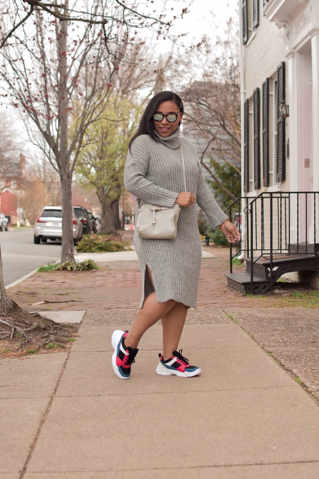 femme luxe, luxe gal, knit swater dress, knit sweater, spring dresses, dresses and sneakers, shoedazzle shoes, spring outfit ideas, pattys kloset