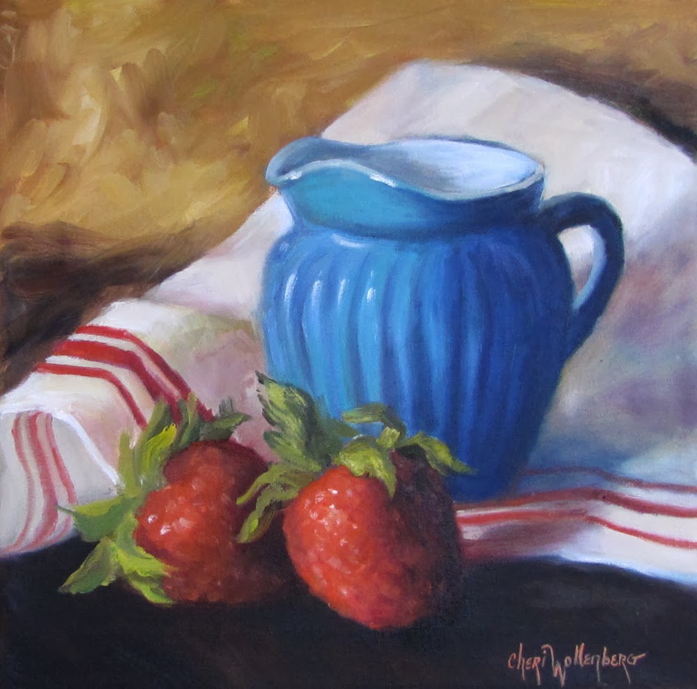 Oklahoma Daily Painters Strawberries And Vintage Blue Glass Creamer