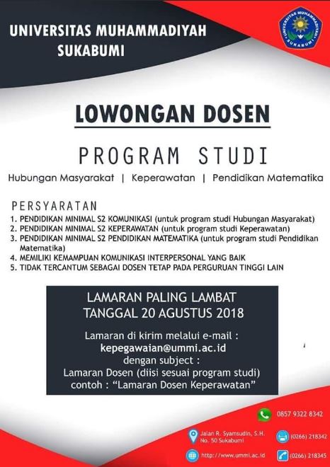 Lowongan Kerja Dosen 2018 Universitas Muhammadiyah Sukabumi Prodi Hubungan Masyarakat Humas Dan Keperawatan Lowongan Dosen