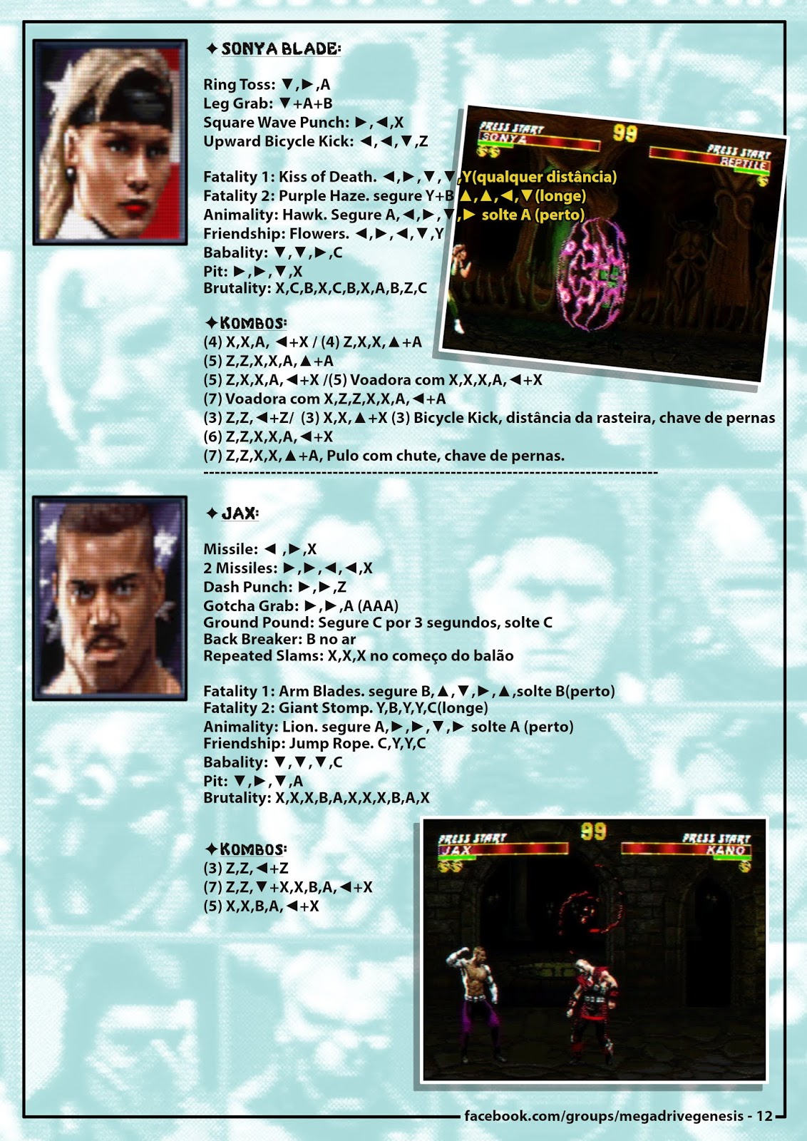 MegaDrive/Genesis Ultimate Mortal Kombat 3 Move List, cheats e