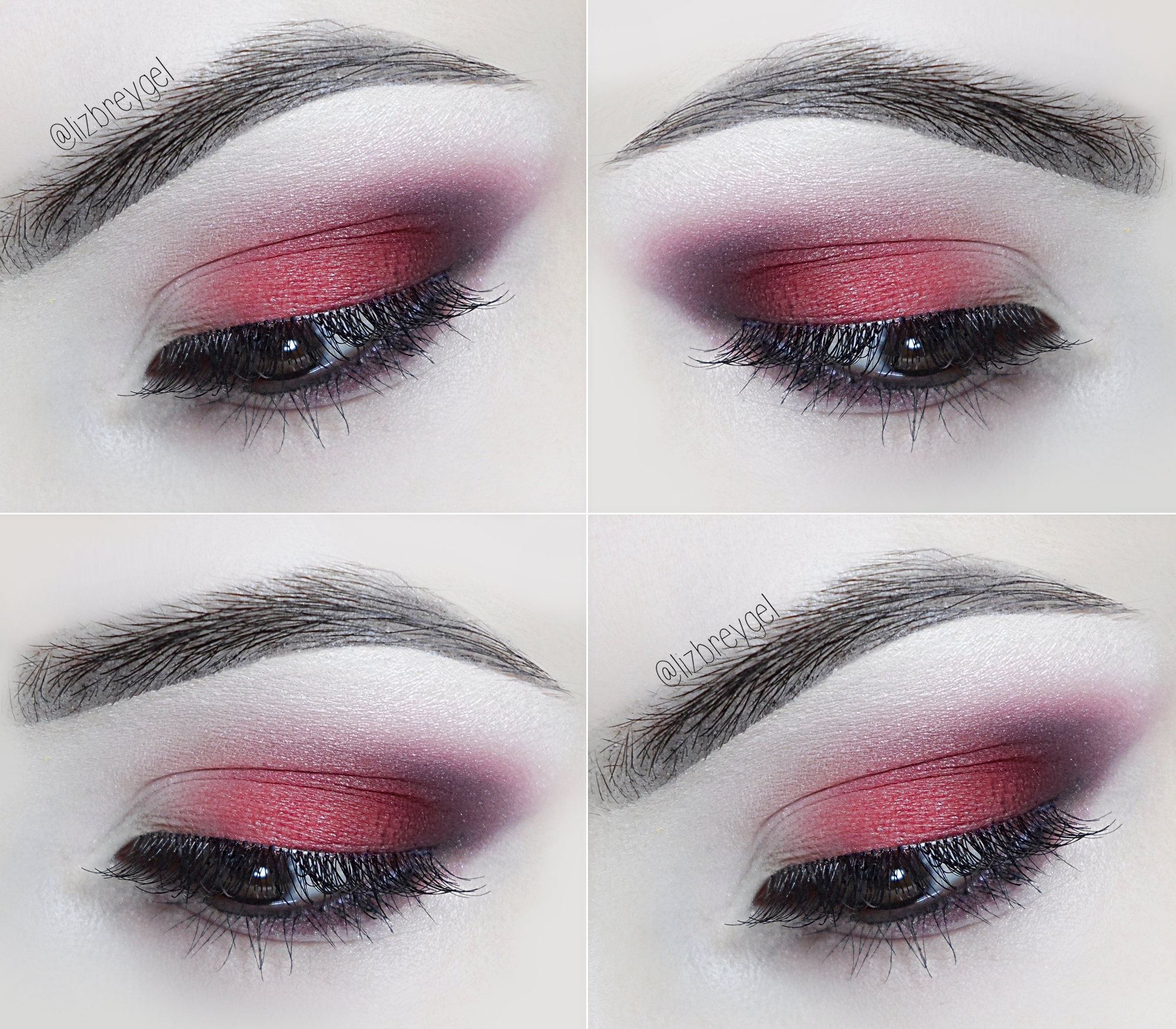 a close-up of an eye with red smoky makeup look and false lashes