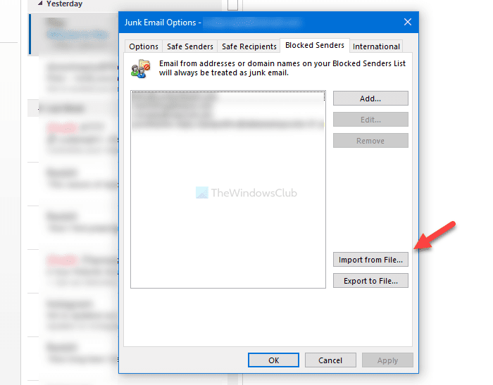 Как экспортировать или импортировать список заблокированных отправителей в Outlook