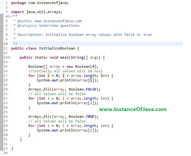 Initializing a boolean array in java with an example program
