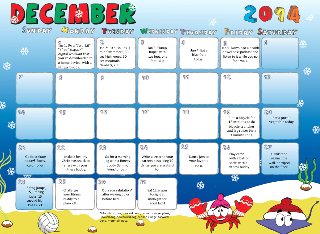 Christmas Vacation Activity Calendar 2014 Aura Fitness Studio