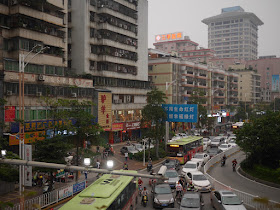 View from the Qiaobei Road Overpass (桥北路立交) in Qingyuan including a sign for "Th Donkey and Goat Food Street"