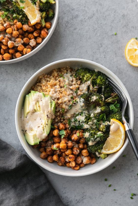 Crispy Quinoa Chickpea Bowls with Roasted Broccoli and Meyer Lemon