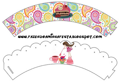 Fiesta de Té de Chicas: Toppers y Wrappers para Cupcakes para Imprimir Gratis. Wrappers para Cupcake de Fiesta de Té de Chicas para Imprimir Gratis.