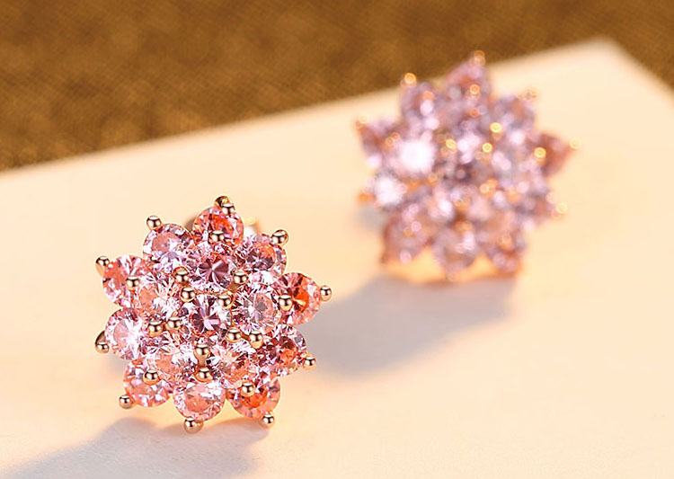 綻放的花朵粉紅鋯石 925純銀耳環