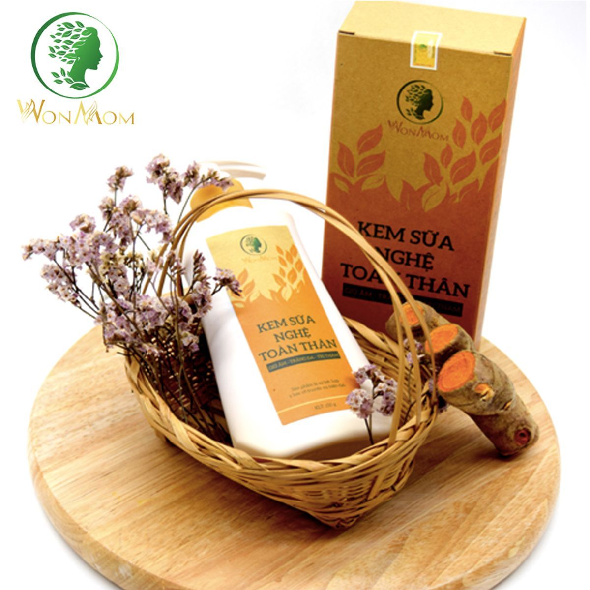 BỘ DƯỠNG TRẮNG HỒNG BODY TỰ NHIÊN, THẢO MỘC XÔNG KHỬ MÙI VÙNG KÍN WONMOM (1 KEM SỮA NGHỆ + 1 HỘP THẢO MỘC XÔNG VÙNG KÍN)