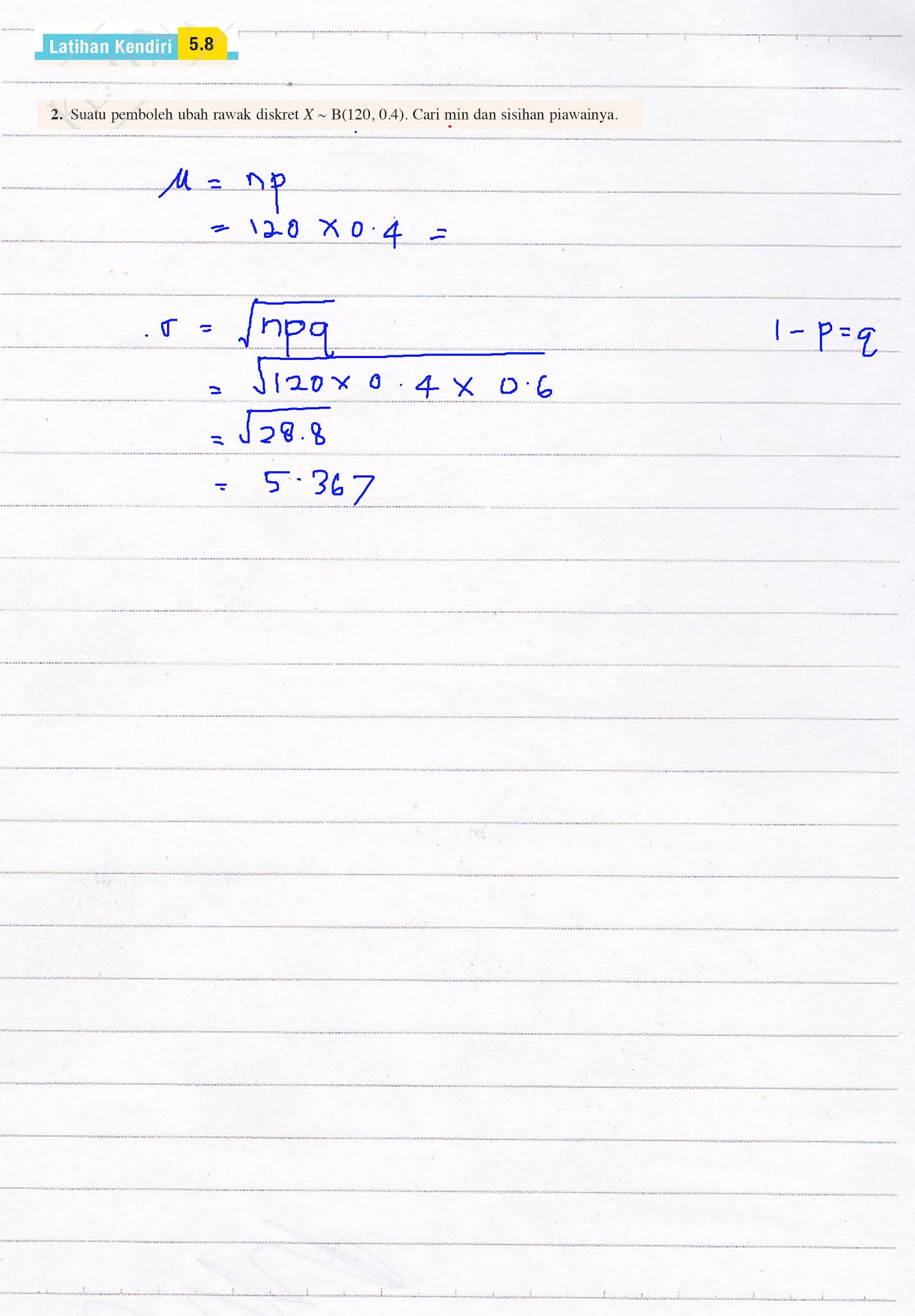 F5 Addmath Latihan Kendiri 5.8 Q2 Bab 5 TABURAN KEBARANGKALIAN