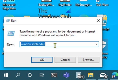 เปิด Windows Security ผ่านกล่องโต้ตอบ Run