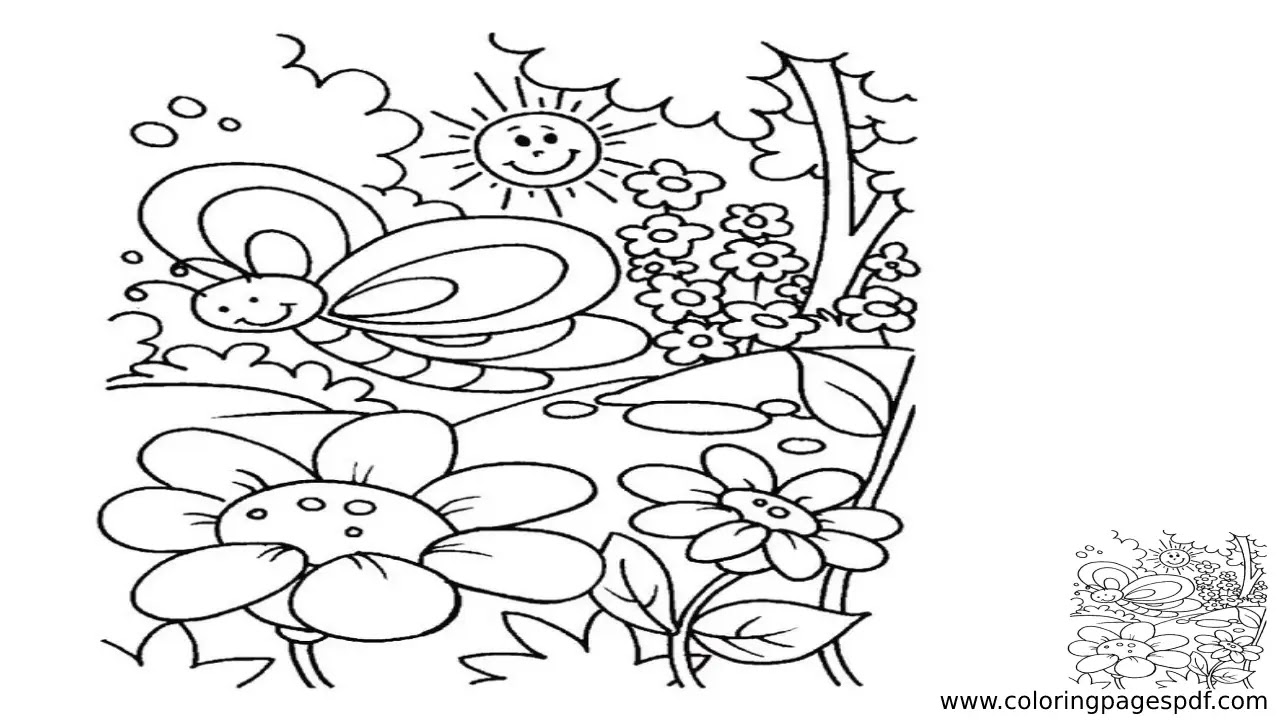 Coloring Page Of A Happy Butterfly And Sun And Flowers