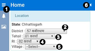 click three line select district, tehsil, ri, village and click small arrow