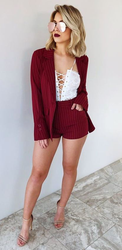cute summer outfit / maroon suit + heels + white lace up top