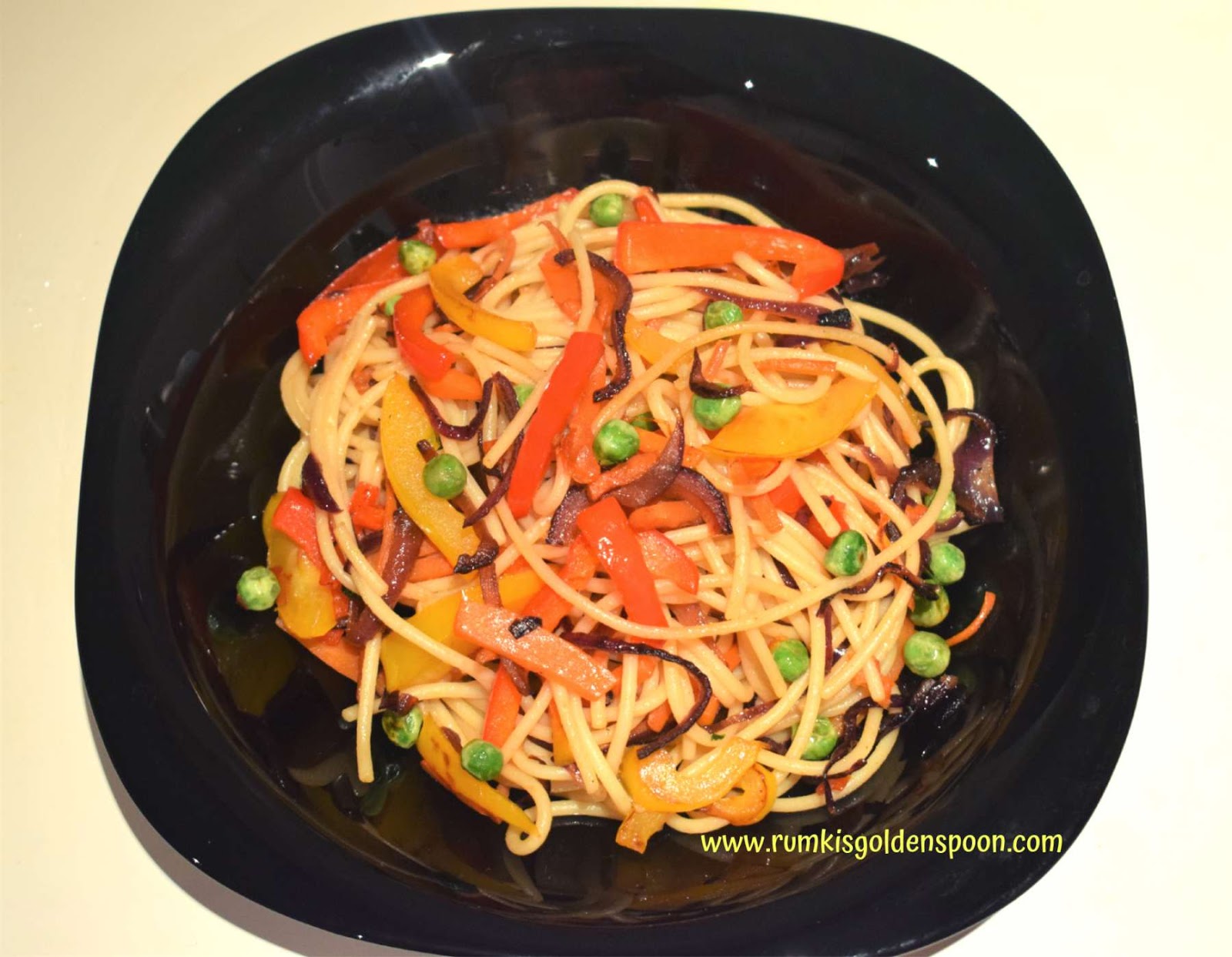 Italian recipe, Vegetable stir fried spaghetti, Pasta, Noodles, Quick and Easy, Food Blog, Rumki's Golden Spoon