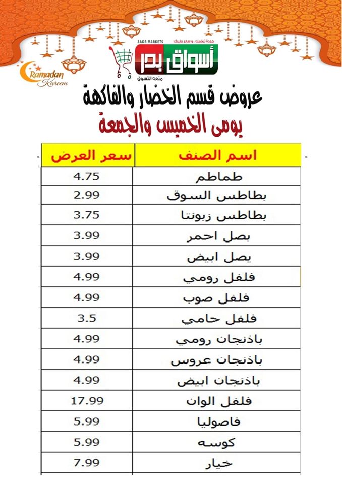 عروض اسواق بدر السويس من الخميس 14 مايو حتى الجمعة 15 مايو 2020 عروض الخضار و الفاكهة