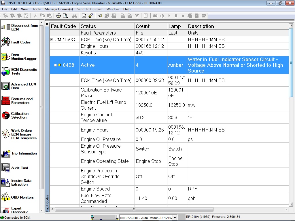Water In Fuel Indicator Sensor Circuit Voltage Above Normal (Fault