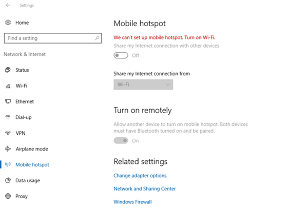 Мобильная точка доступа не работает в Windows 10