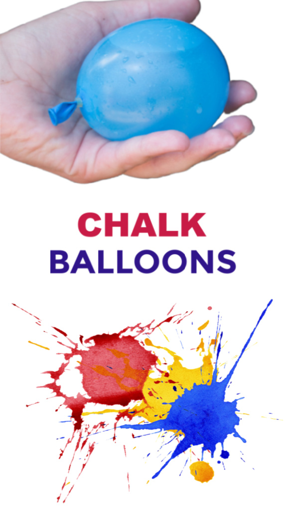 Make colorful rainbows all over the pavement using this easy chalk-filled balloon recipe for play. #chalkart #chalkpaint #chalkfilledballoons #chalkballoonsforkids #sidewalkpaintrecipe #growingajeweledrose #activitiesforkids