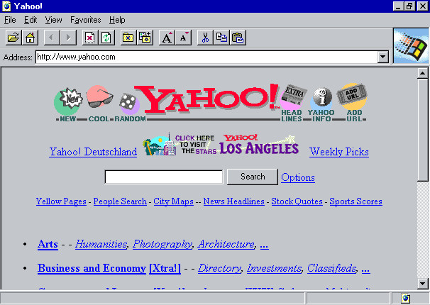 Picture of Yahoo Homepage 1990's in Internet Explorer