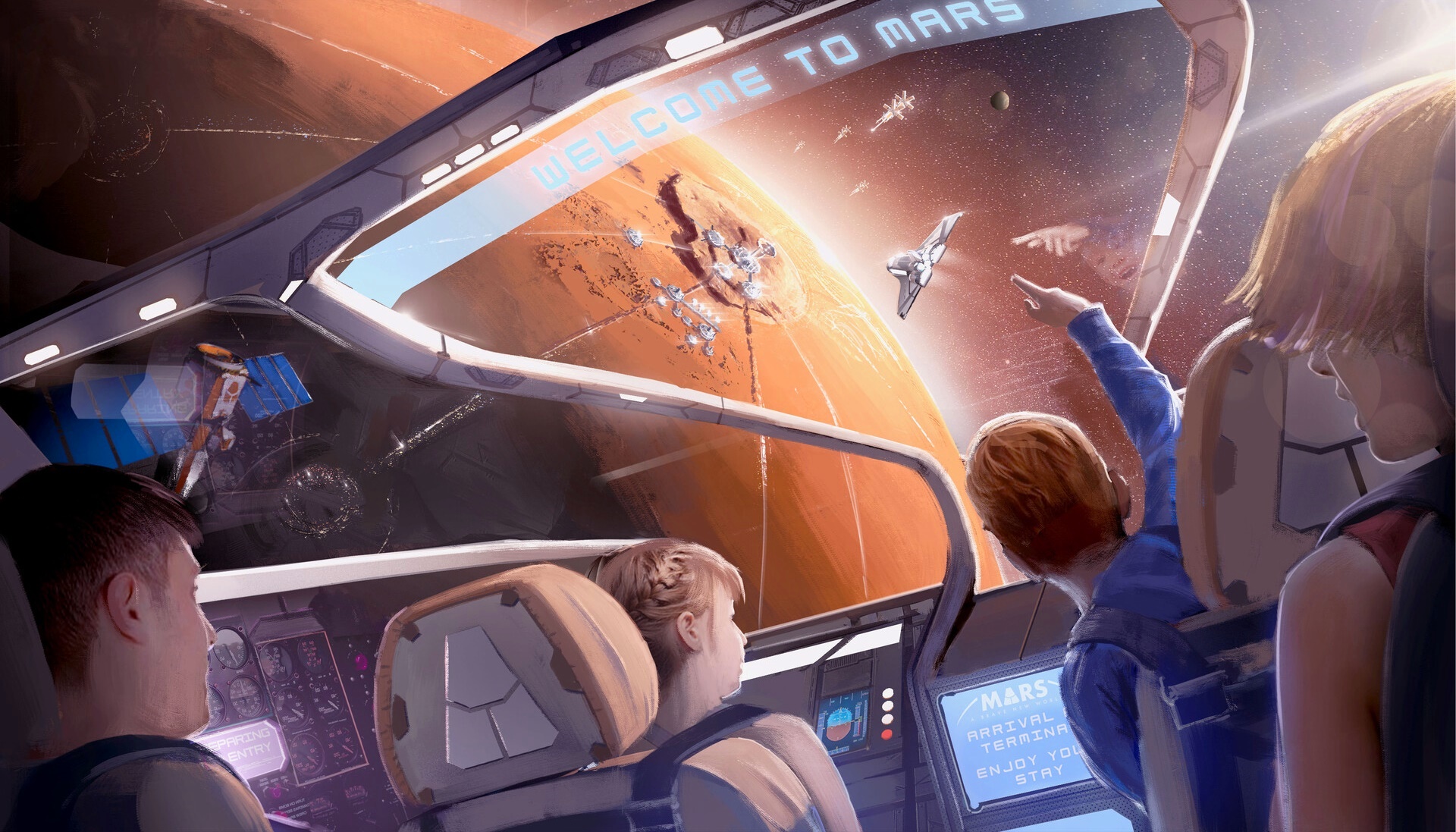 Family spacecraft approaching Martian spaceport by Clive Almeida