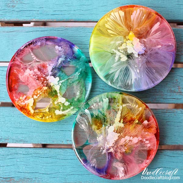 Petrified Rainbow coasters using Easy Cast resin and Alcohol ink drips