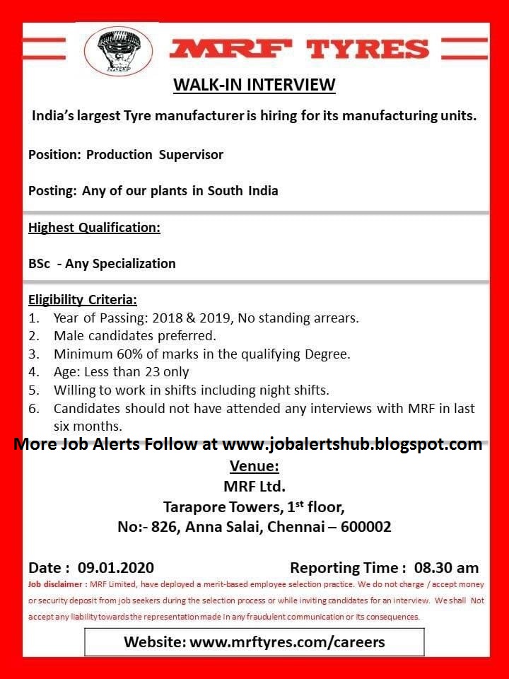 JOB ALERTS HUB MRF Limited WalkIn Interview for B.Sc Any