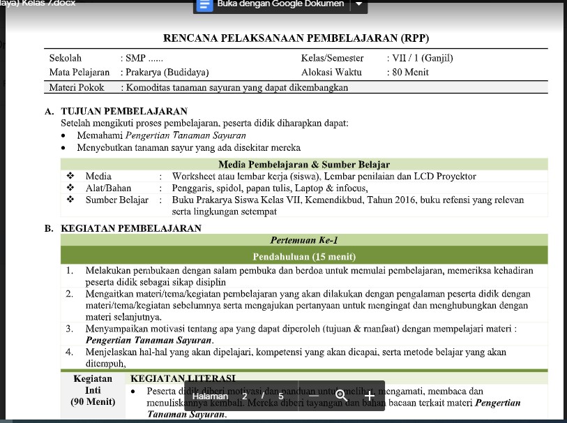 RPP Prakarya (Budidaya) Kelas 7 Semester 1 Tahun 2021/2022 Soal Pelajaran