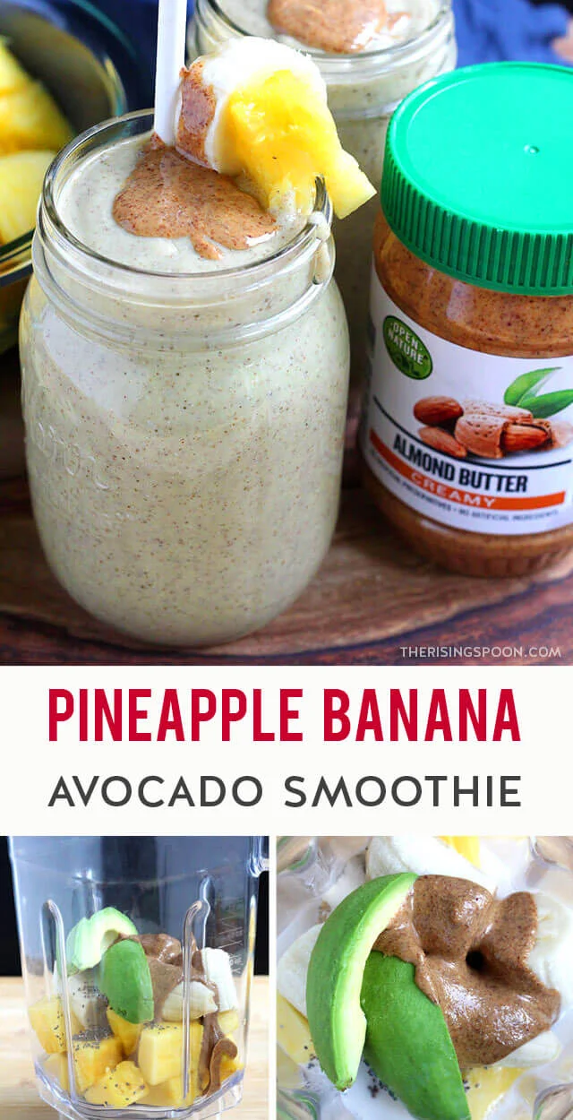 A bright & refreshing smoothie featuring simple ingredients like fresh pineapple, banana, avocado & almond butter. This yummy drink has a balanced combo of naturally sweet tropical fruit, protein & healthy fats so you'll feel satisfied & nourished after drinking a glass. It's perfect for a quick & easy breakfast, lunch, or snack! (gluten-free, grain-free & dairy-free)